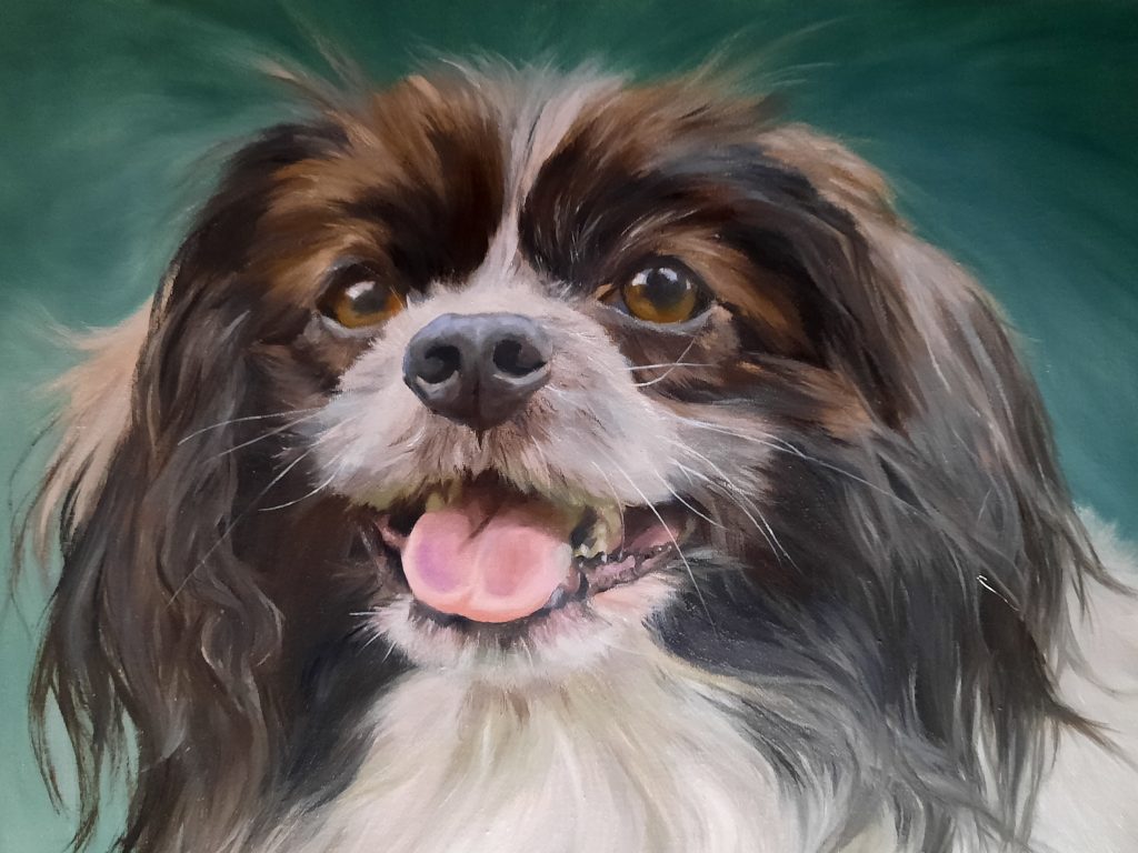 Olieverf portret van een blije hond, geschilderd in opdracht.