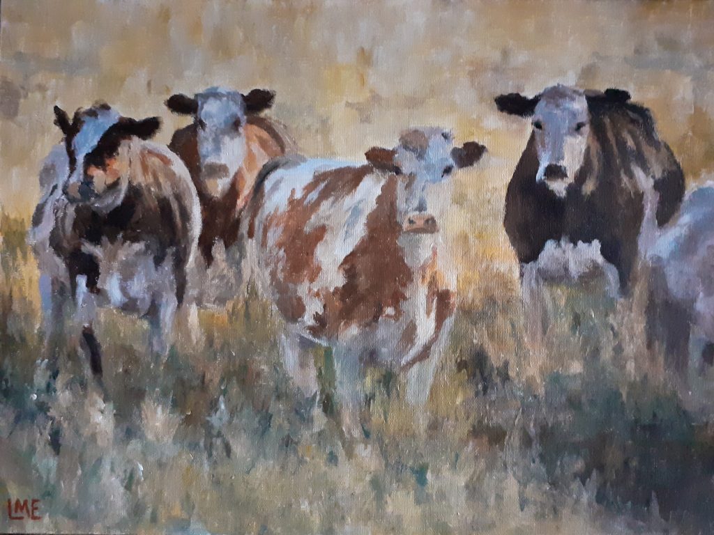 Acrylverf schilderij van een koppel koeien in de wei in warme natuurkleuren.