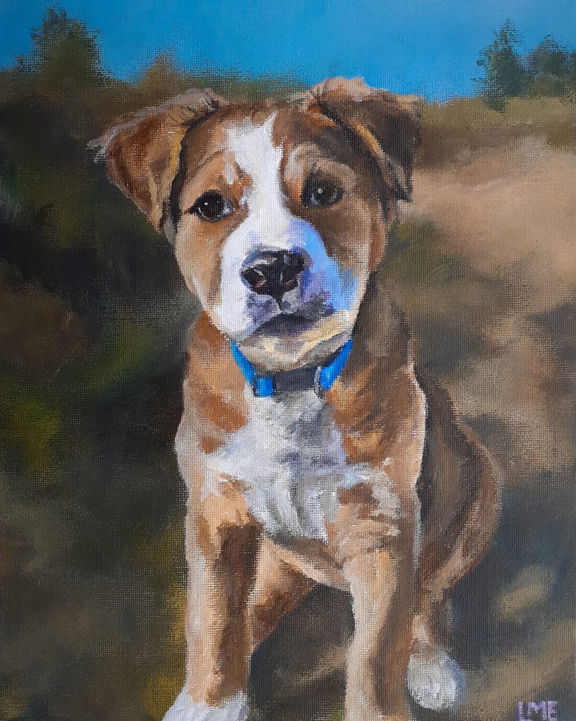 Acrylverf schilderij van een schattige hond op een duin.