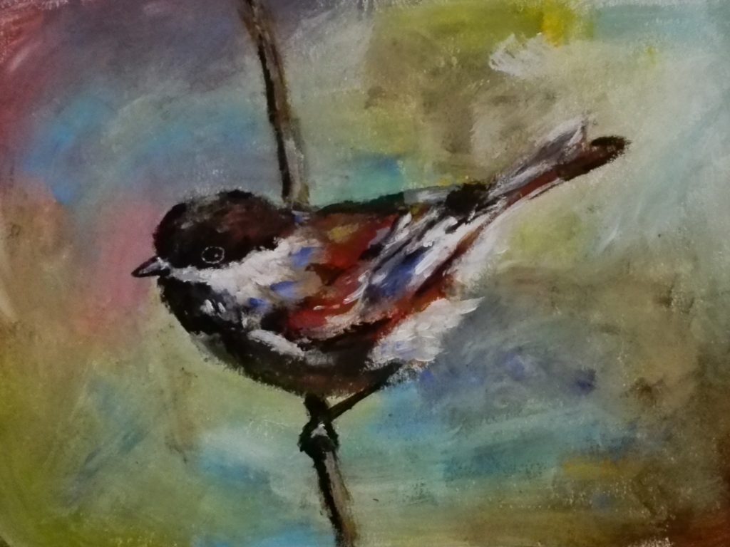 Kleurrijk schilderij van een vogel op een tak.