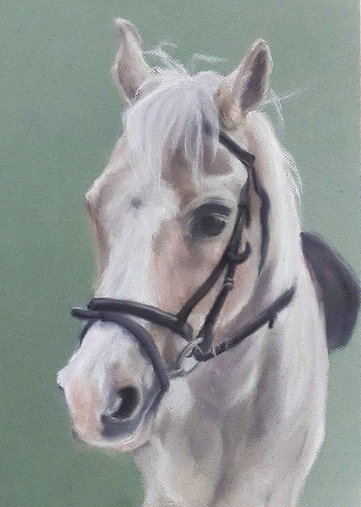 Pastel tekening van een licht paard op een groene achtergrond.