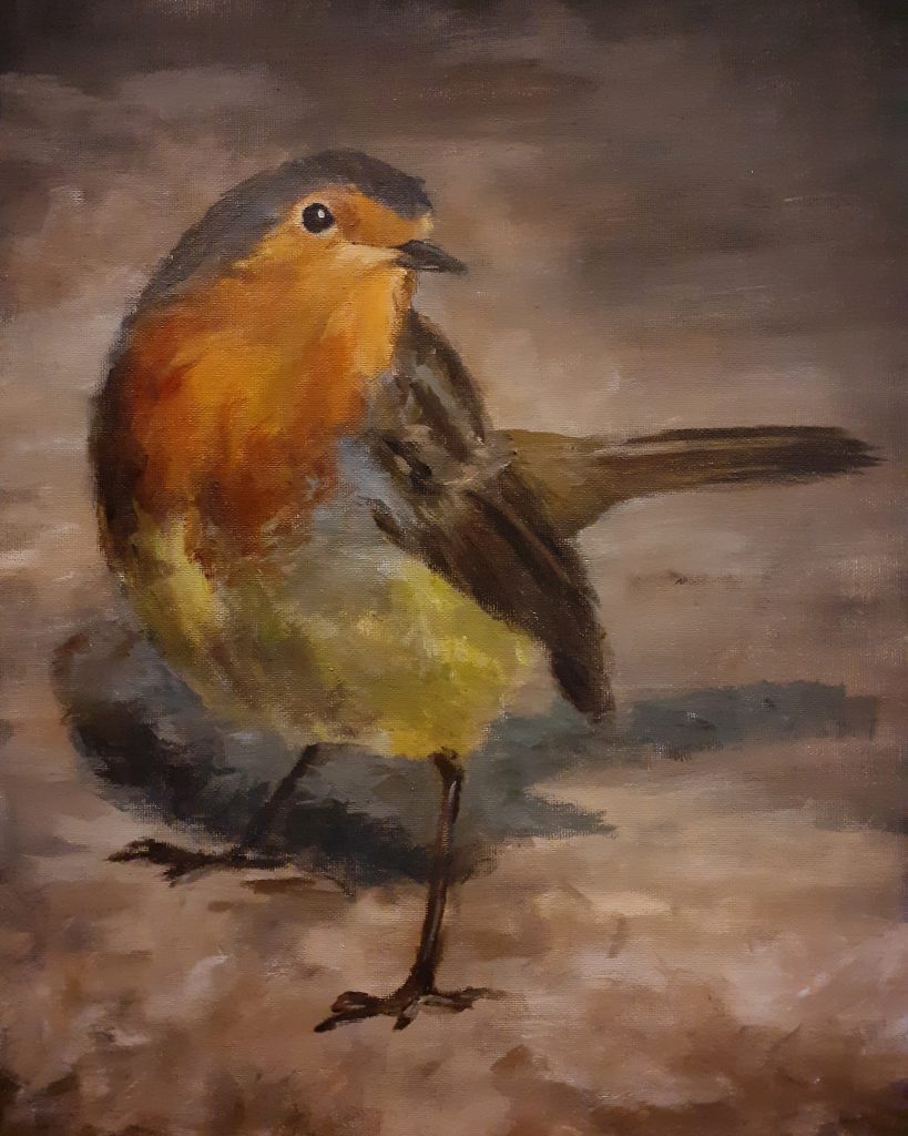 Acrylverf schilderij van een roodborstje.