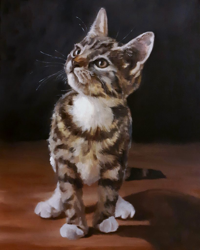 Realistisch schilderij van een kitten.