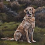 Schilderij van een golden retriever in grassig landschap.