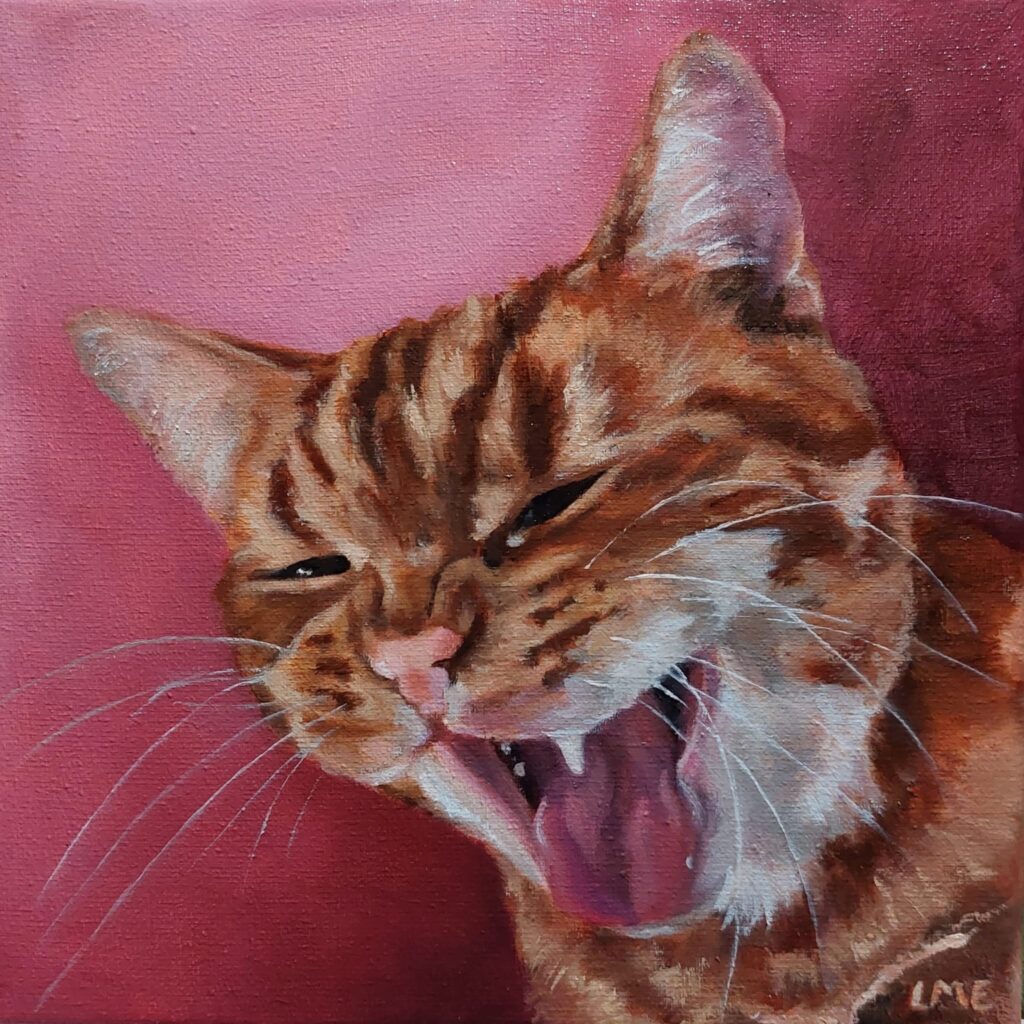 Schilderij van een kat op roze achtergrond