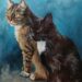 Schilderij van een bruine gestreepte kat en een zwarte kat met witte vlek op de borst met een blauwe achtergrond.